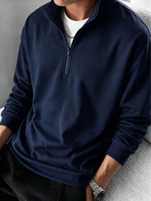 Men's Navy Blue Half-Zip Stand Collar Sweatshirt, Autumn/Winter Relaxed Drop Shoulder Commuter Casual Pullover - Navy Blue - View 10