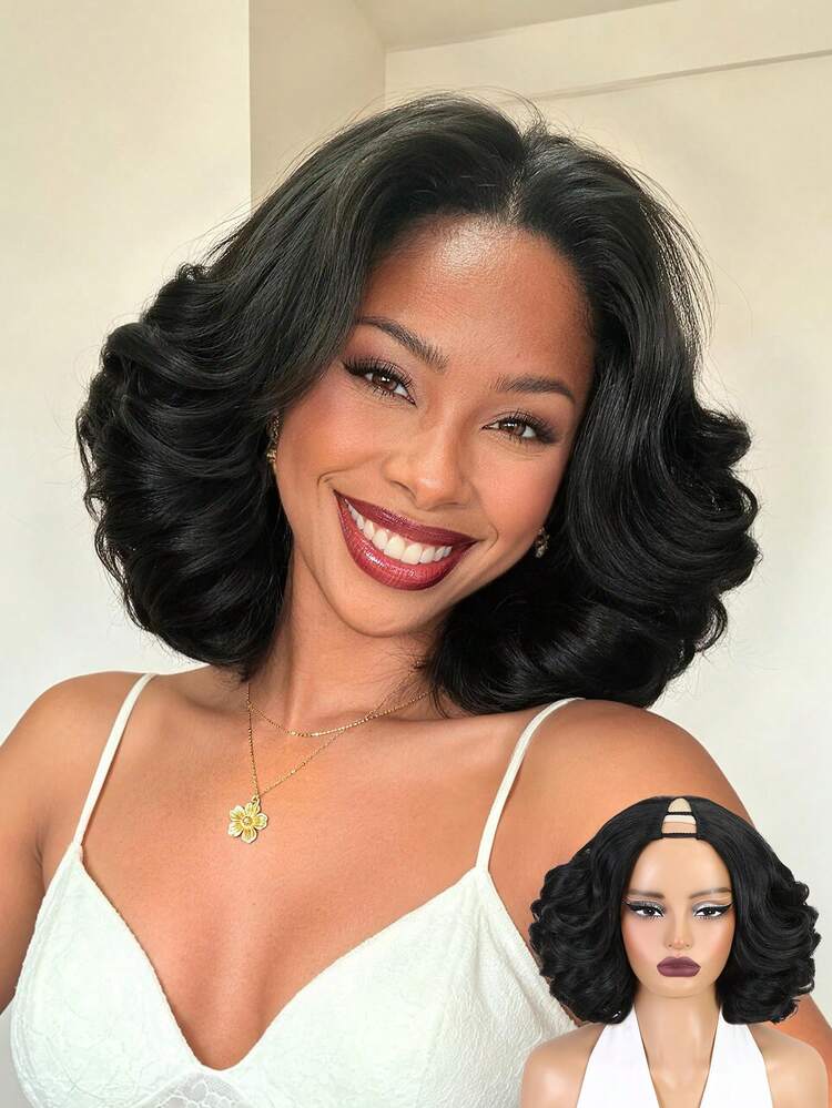 V-Part Yaki Wavy Bob Wig, Synthetic Hair V-Shaped Glueless Hairpiece, Layered Curly Clip-In Hair, Ready To Wear, Suitable For Beginners, Heat-Resistant Fiber, Daily Wear - Black - View 1