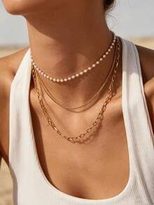 1pc 3-Layer Stacked Minimalist Versatile Necklace For Women, Stainless Steel With Gold Plating, Old Money Style - Gold - View 4
