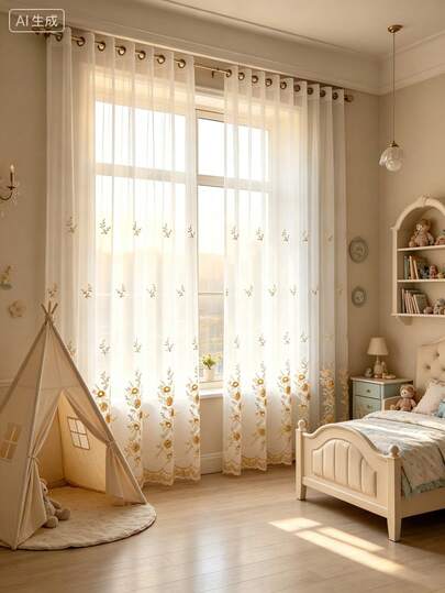 1 Peça Cortina Transparente Estilo Pastoral Perfurada com Bordado Floral Dourado, Bordado de Girassol na Parte Inferior, Cortina Transparente Suave de Cura com Comprimento até o Chão para Quarto de Crianças