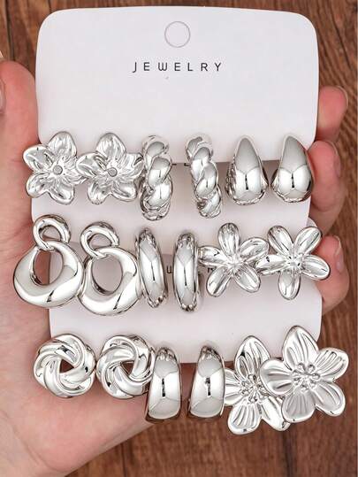 6/18pcs Silver Earrings Set, Five-Petal Flower, Smooth Water Drop, C-Shaped Twisted, Round Wrapped Hoop And Stud Earrings