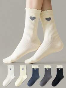 ZUJO 3 Pairs Double Layer Lace Women's Mid-Calf Socks, Heart Pattern, Soft And Comfortable, Suitable For Spring, Autumn, Winter Sports And Daily Wear - Multicolor - View 1