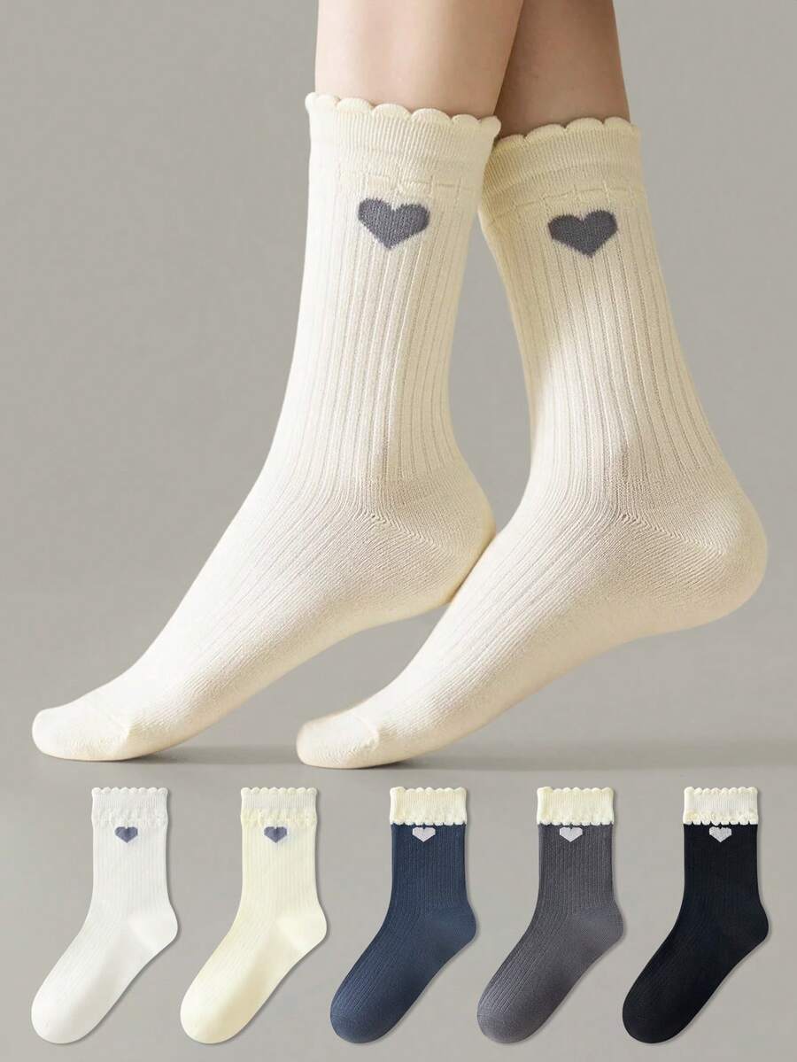 ZUJO 3 Pairs Double Layer Lace Women's Mid-Calf Socks, Heart Pattern, Soft And Comfortable, Suitable For Spring, Autumn, Winter Sports And Daily Wear - Multicolor - View 1