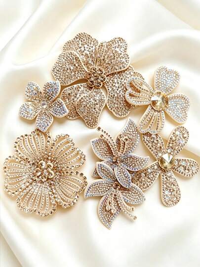 6/1pc Champagne Rhinestone Flower DIY Accessories Set, Handmade Sew-On Clothing Trim, Applique Embroidery, Clothing Patch, Luxury Embroidery Sewing Supplies, Suitable For Clothing Accessories, Shoes, Hats, Bags, Hair Accessories