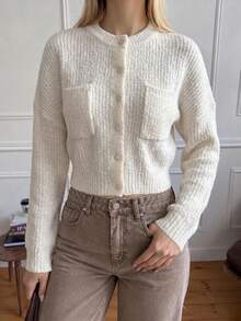 Women's Round Neck Cable Knit Short Pullover, Dropped Shoulder Long Sleeve Casual Sweater With Patch Pockets - White - View 3