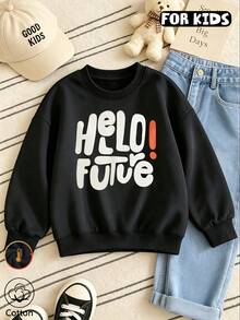 كنزة رياضية بياقة دائرية للبنات، كنزة رياضية بطبعة حروف جريئة "Hello Future" بأكمام طويلة، كنزة رياضية فضفاضة كاجوال للبنات المراهقات لفصل الخريف والشتاء - الأسود - مشاهدة 10