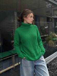 Women's Casual Fall Winter Turtleneck Rib Knit Tee Long Sleeve T-Shirt Loose Fit Pullover Tops For Everyday Going Out Vacation - Green - View 3