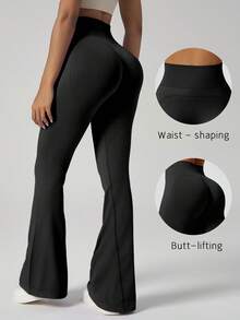 Women's Black High Waist Flare Leggings, Ribbed Tummy Control Butt Lift, Yoga Fitness Dance Tight Pants - Black - View 1