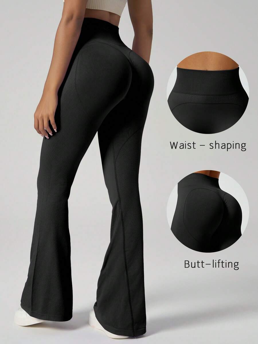 Women's Black High Waist Flare Leggings, Ribbed Tummy Control Butt Lift, Yoga Fitness Dance Tight Pants - Black - View 1