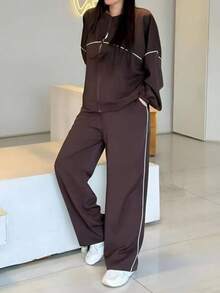 LUNNELUX Women Fall 2 Pieces Contrast Piping Women Zip Front Stand Collar Sweatshirt & Elastic Waist Wide Leg Pants With Side Pockets Daily Outfit - Purple - View 9