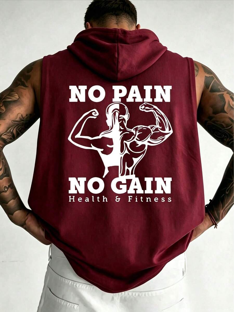 ZYNTH BALENO Men's Casual "NOPAIN" Printed Hooded Tank Top, Suitable For Fitness, Outdoor Sports And All Seasons Summer - Burgundy - View 1