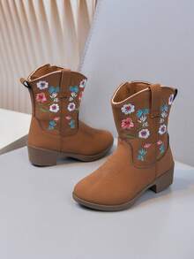 Baby Girls' High-Top Mid-Calf Boots, Embroidered High-Heel Western Cowboy Boots With Pointed Toe And Side Zipper, Casual Shoes - Brown - View 3