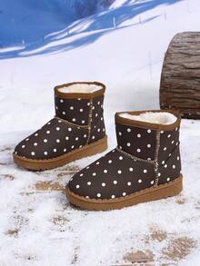 Children's Brown Polka Dot Winter Snow Boots, Thick Fleece Lining Warm Ankle Boots, Anti-Slip Sole Casual Boots - Brown - View 2