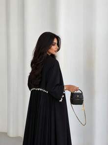 Hafizah عباية كارديجان طويلة سوداء بتصميم رقعات مطوية، رداء فضفاض منسدل مفتوح من الأمام، معطف طويل أنيق متعدد الاستخدامات للنساء للاستخدام اليومي - الأسود - مشاهدة 4