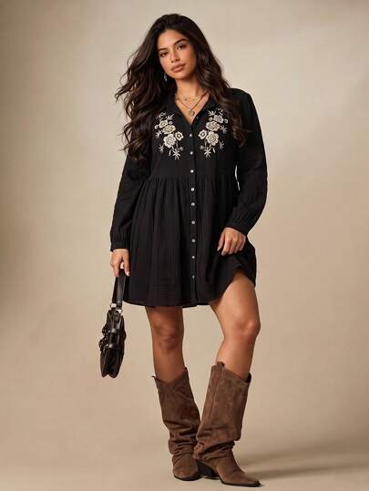 Rusttydustty Women's Plus Size Black Pure Cotton Floral Embroidered Casual Daily Commute Bohemian Dress, Suitable For Autumn/Winter, Halloween Outfit