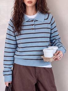 Women's Autumn/Winter Fashion Casual Minimalist Striped Collared Pullover Sweater - Light Blue - View 3