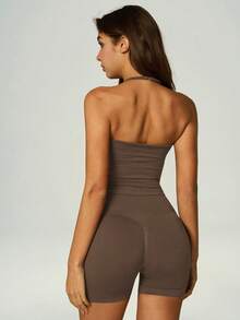 UONNOU Women's Brown Sports Shaping Tank Top, Halter V-Neck Ruched With Padded Support Sports Bra, Yoga Fitness Casual Sports Outfit Summer - Brown - View 3
