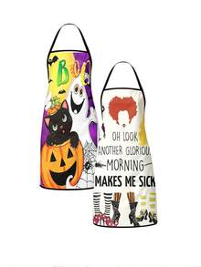 1pc/2Pcs/4Pcs Spooky Dark Halloween Apron, Witch Cauldron Haunted Castle Full Moon Pumpkin Print Apron, Cooking Baking Holiday Costume Apron - Multicolor - View 7
