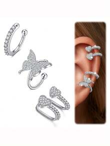 CIZME 3pcs Minimalist 14K Ear Cuff Set Flower Butterfly Cubic Zirconia Ear Clip Earrings, No Piercing Needed, Suitable For Daily Office Wear Gift For Her - Golden and Silvery - View 7