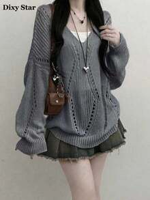 Sweater Rajut Atasan Kerah V Lengan Panjang Tipis Berlubang Longgar Slouchy - Dark Grey - View 10
