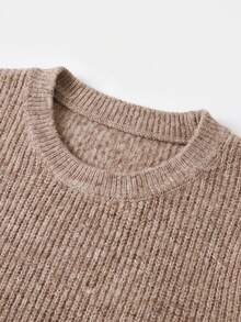 Women's Autumn/Winter Grey Brown Soft Ribbed Knit Crew Neck Lantern Sleeve Fitted Long Sweater Dress, Elegant Casual Daily Commute Layering Style - Maroon - View 10
