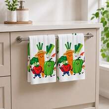 2pcs Cute Cartoon Vegetable Print Kitchen Towels, Carrot Tomato Green Pepper Broccoli Fun Pattern Hand Towels, Fresh Pastoral Style Absorbent Dish Cloth Tea Towel, Suitable For Kitchen Cooking, Baking, Cleaning Wiping And Home Decor, Vegetable Theme Kitchen Supplies Gift - Multicolor - View 1