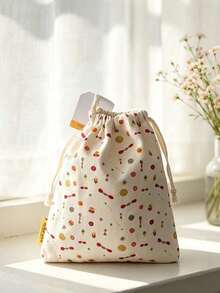 Cream Canvas Floral Dot Drawstring Makeup Bag Portable Handheld Travel Cosmetic Storage Pouch Gift L'Occitane Drawstring Bag - White + Yellow + Red - View 3