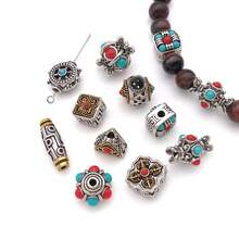 2pcs Carved Alloy Beads Dual Color Inlaid Gemstone Round Square Barrel Beads For DIY Handmade Mala Bracelet Necklace Craft Supplies - Multicolor - View 5