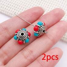 2pcs Carved Alloy Beads Dual Color Inlaid Gemstone Round Square Barrel Beads For DIY Handmade Mala Bracelet Necklace Craft Supplies - Multicolor - View 16