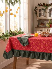 1pc Red Background Gold Christmas Bell Snowflake Print Tablecloth, Traditional Country Style, Rectangular Green Leaf Edge With Pleated Details, Stain-Resistant Protective Tablecloth For Home Long Table, Suitable For Christmas Family Gatherings And Winter Holiday Dining Room Decor - Red - View 7