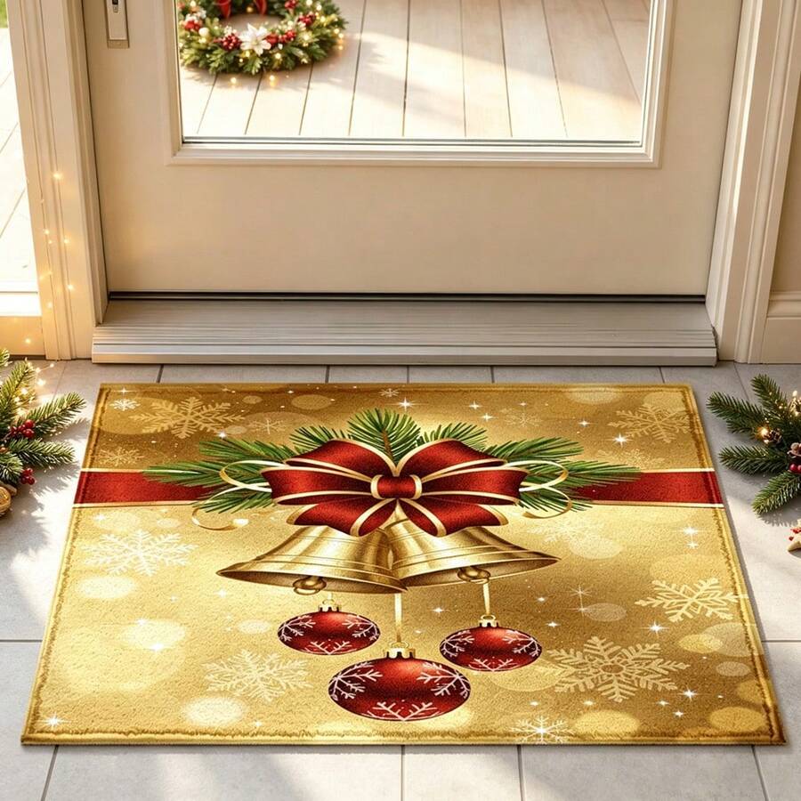 1pc Kitchen Floor Mat, Soft Faux Cashmere Material, Holy Gold Style Christmas Bell Pattern, Kitchen, Entryway, Front Door, Bedroom Door, Bathroom Anti-Slip Mat, Holiday Atmosphere Home Decor, Suitable For Multiple Scenes, Room Decoration, Holiday Gift - Multicolor - View 1