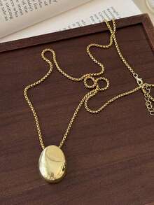 1pc Gold Oval Pendant Long Sweater Necklace, Minimalist Box Chain Statement Necklace, Vintage Metal Neck Jewelry For Women Daily Outfit - Gold - View 3