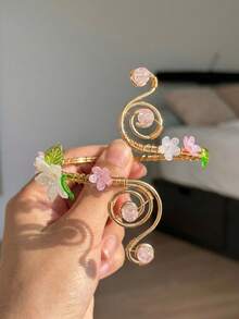 1件女款手工編織花朵手鍊，金色仙女風花朵臂環配水晶珠，開口式手鐲，精靈森林派對飾品禮物 - 金色 - 查看 2