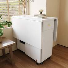 Elegant Dining Table In A Modern Style / Dining Table With Open Storage / Mobile Kitchen Worktop / With 2 Drawers / With Locking Casters / Tabletop Load Capacity Up To 60 Kg / Suitable For Kitchen, Living Room And Dining Room, White - White + MDF - View 2