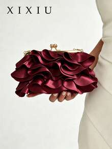 Women's Elegant Charming Petal Party Clutch, Ruffle Design Evening Bag, Suitable For Wedding/Vacation/Formal Party/Ball, Burgundy - Burgundy - View 2