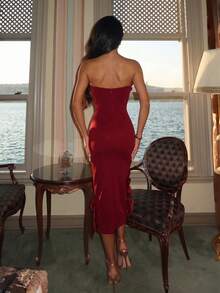 Elegant Women's Long Knit Pencil Dress With 3D Rose And Rhinestone Decor, Sleeveless Strapless Party Dress, Slightly Stretchy - Burgundy - View 3