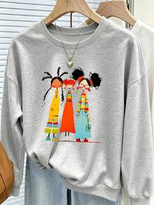 Plus-Size Women's Casual Crew Neck Sweatshirt, Versatile For Everyday Wear And Weekend Outings, Retro Cartoon Girl Graphic Print, Fallfashion Outfit. - Grey - View 3