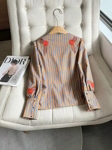 Women's Open Front Printed Embroidered Long Petal Sleeve Round Neck Loose Short Woven Blue & Orange Jacket, Vintage Casual Weekend Outfit, Spring/Autumn - Orange Blue - View 11