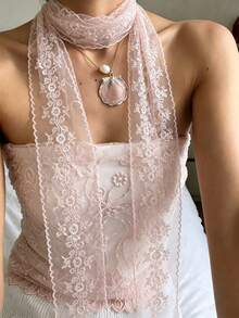 1pc Exquisite Lace Scarf, Floral Embroidered Scarf, Neck Accessory, Headband, Layered Style, Daily Elegant Accessory, Fall Style, Scarf, Y2k - Pink - View 1