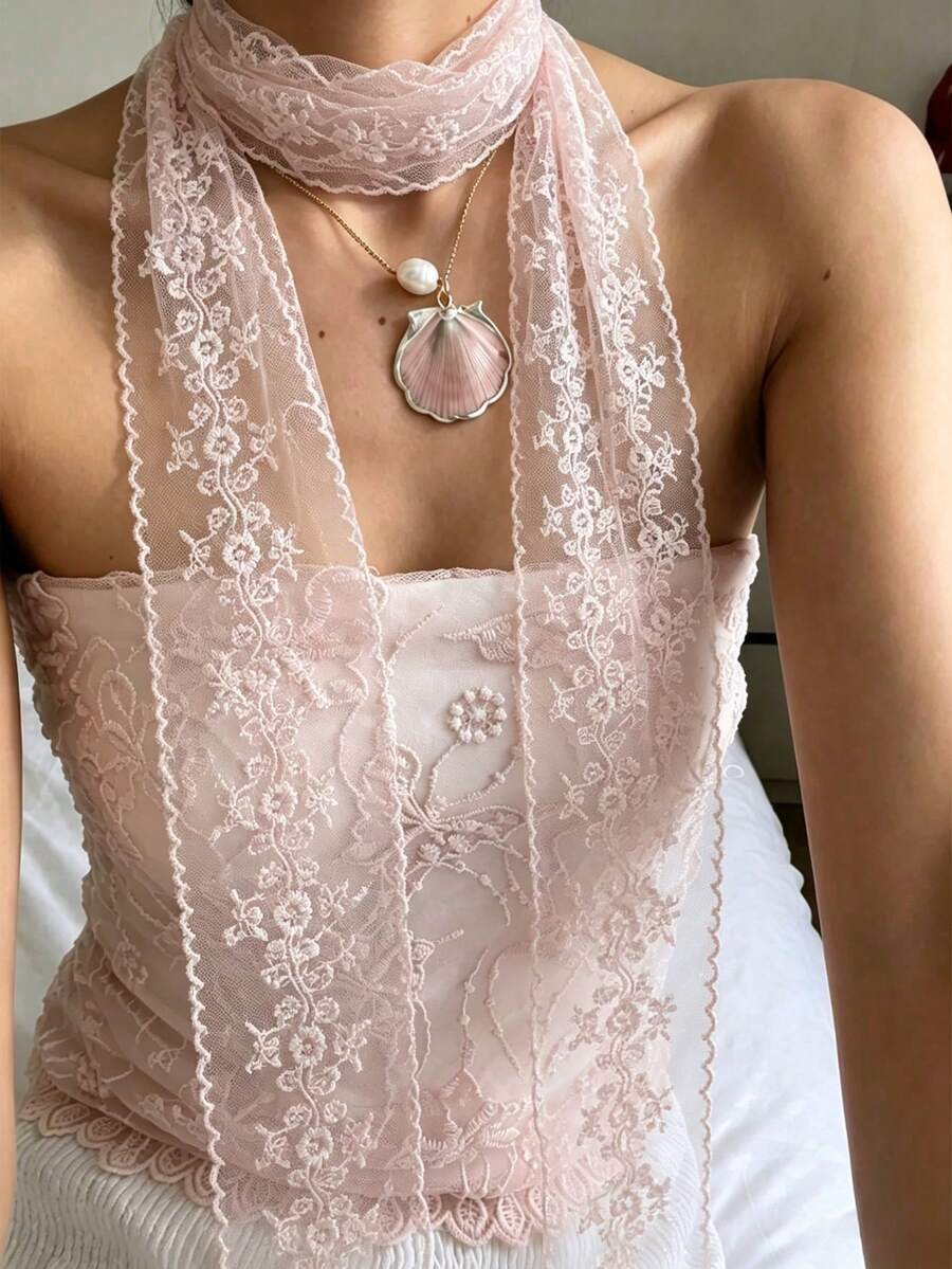 1pc Exquisite Lace Scarf, Floral Embroidered Scarf, Neck Accessory, Headband, Layered Style, Daily Elegant Accessory, Fall Style, Scarf, Y2k - Pink - View 1