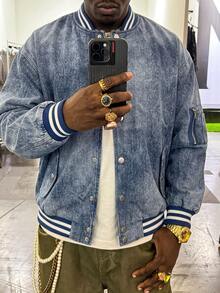 BLACKTOEXIT Men's Round Neck Denim Jacket, Casual Commute Versatile Pocket Baseball Jacket, Autumn/Winter - Baby Blue - View 6