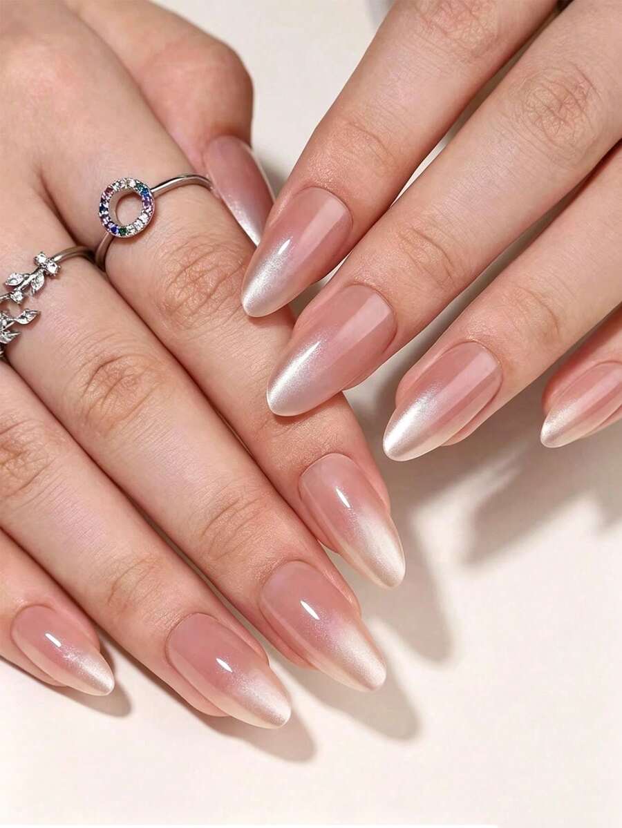 30-Piece Long Almond-Shaped Press-On Nails, Nude Gradient Magic Mirror ...