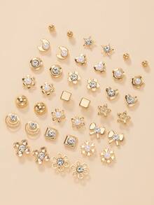 20 Pairs Minimalist Stud Earrings Set, Bow, Flower, Moon, Heart And Geometric Pattern Combination Earrings, Suitable For Women's Daily, Casual, Outing, Vacation Wear, Perfect Gift For Friends - Yellow Gold - View 4