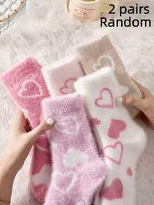 2/4 Pairs White And Pink Fuzzy Women's Mid-Calf Socks, Heart Pattern Warm Socks, Soft And Comfortable, Random Color - Multicolor - View 5
