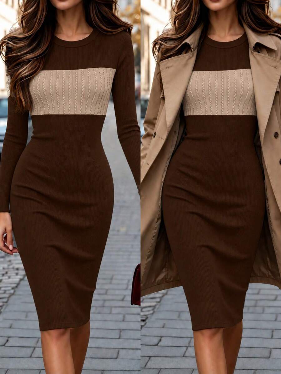 New Women's Autumn Four-Season Elegant Color-Block Patchwork Round-Neck Slim-Fit Ribbed Knit Premium Fashion Tight Dress. - Coffee Brown - View 1