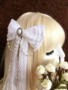 1件白色蕾絲髮箍，附甜美蝴蝶結與緞帶，蘿莉塔風時尚 Cosplay 女款髮飾 - 白色 - 查看 5