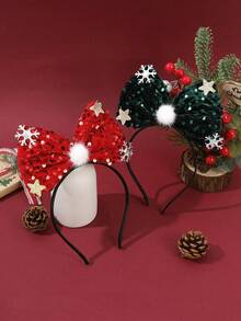 2/1pc Christmas Shiny Red & Green Sequin Large Bow Headband With Snowflake, Star And Pom Pom Decor, Women's Autumn/Winter Holiday Party Hair Accessory - Multicolor - View 5