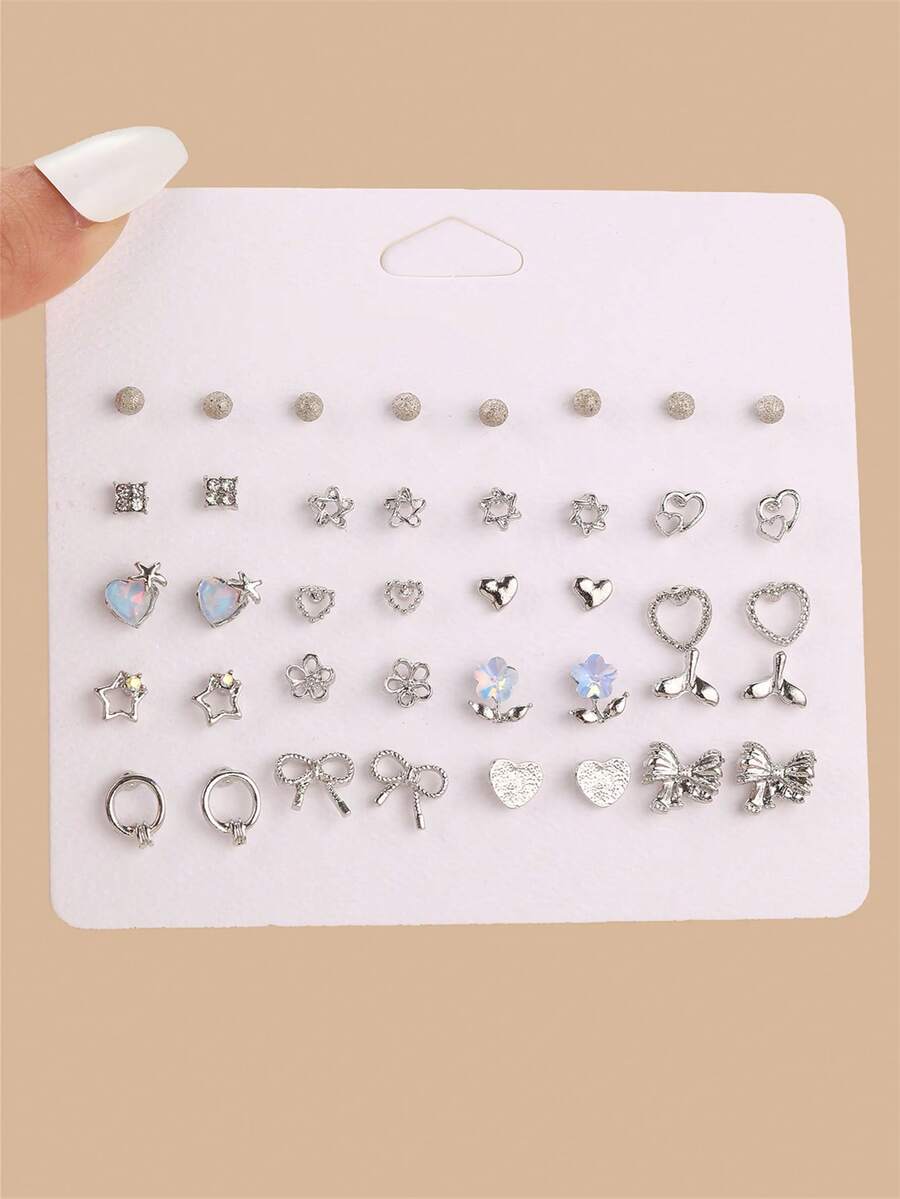 1套20對行星系列精緻耳釘 鋅合金蝴蝶皇冠耳釘套組 女款日常百搭 - 銀色 - 查看 1