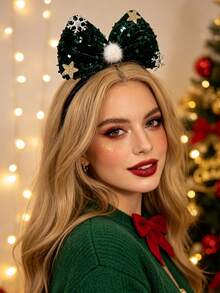 2/1pc Christmas Shiny Red & Green Sequin Large Bow Headband With Snowflake, Star And Pom Pom Decor, Women's Autumn/Winter Holiday Party Hair Accessory - Multicolor - View 4