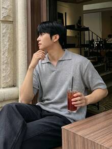 Spring Summer European American Japanese Korean Casual Unisex Versatile Solid Color Business Style Men Women Knit Short Sleeve V-Neck Pullover Sweater Back To School - Grey - View 1